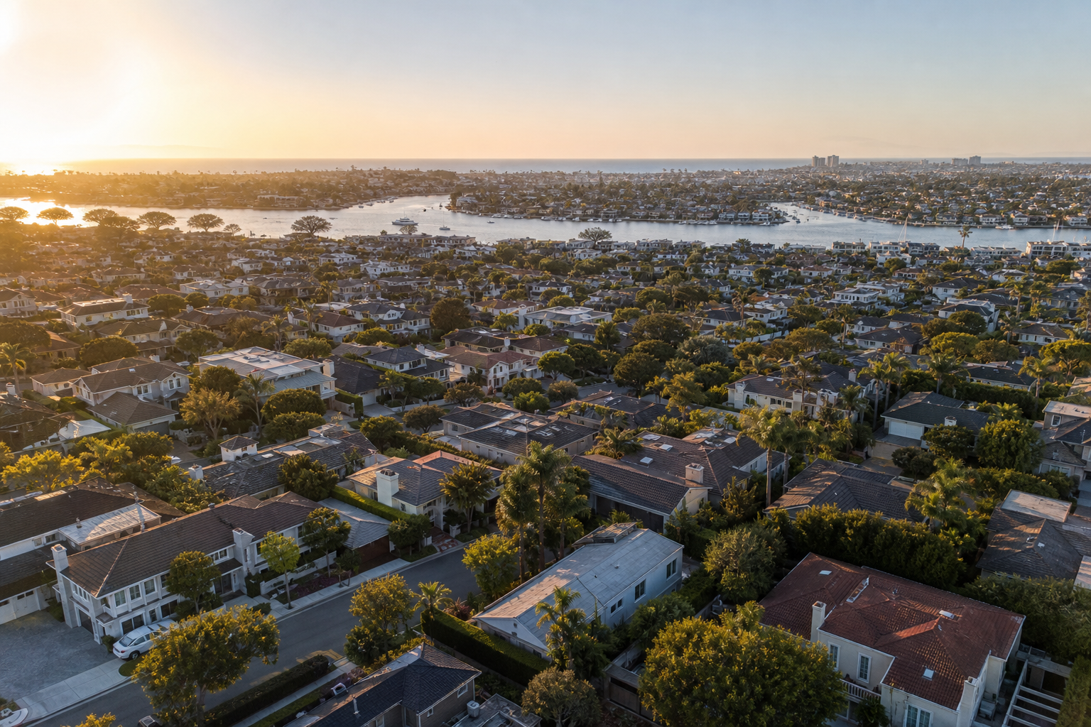Aerial view of Newport Beach neighborhood with waterway, representing Orange County downsizing