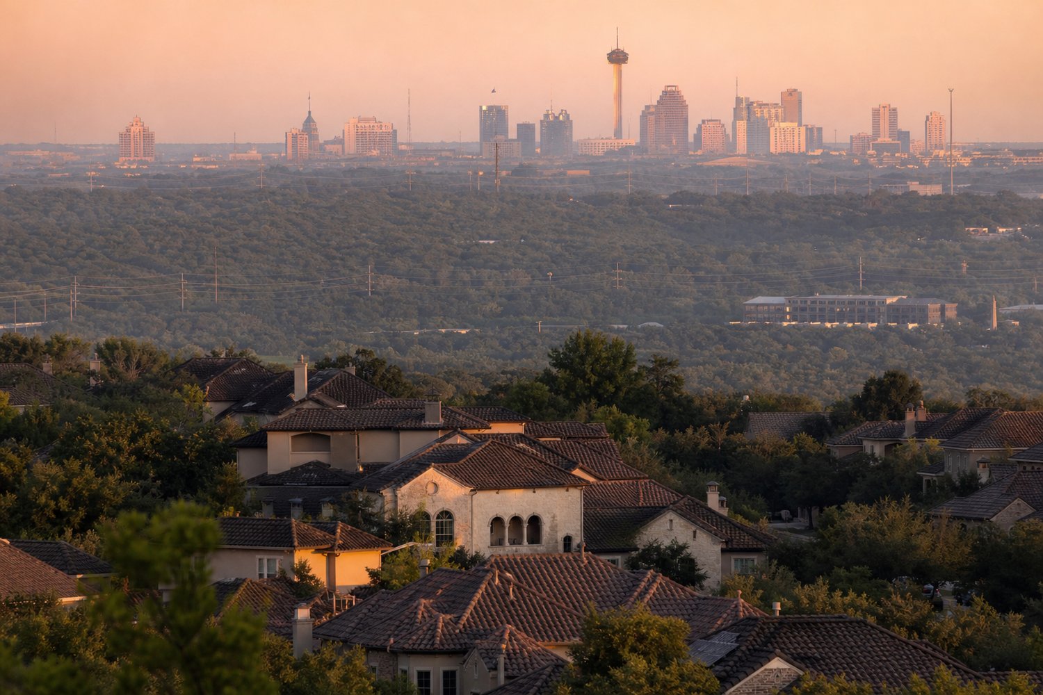 The city skyline rising beyond residential streets in San Antonio, TX — San Antonio Home