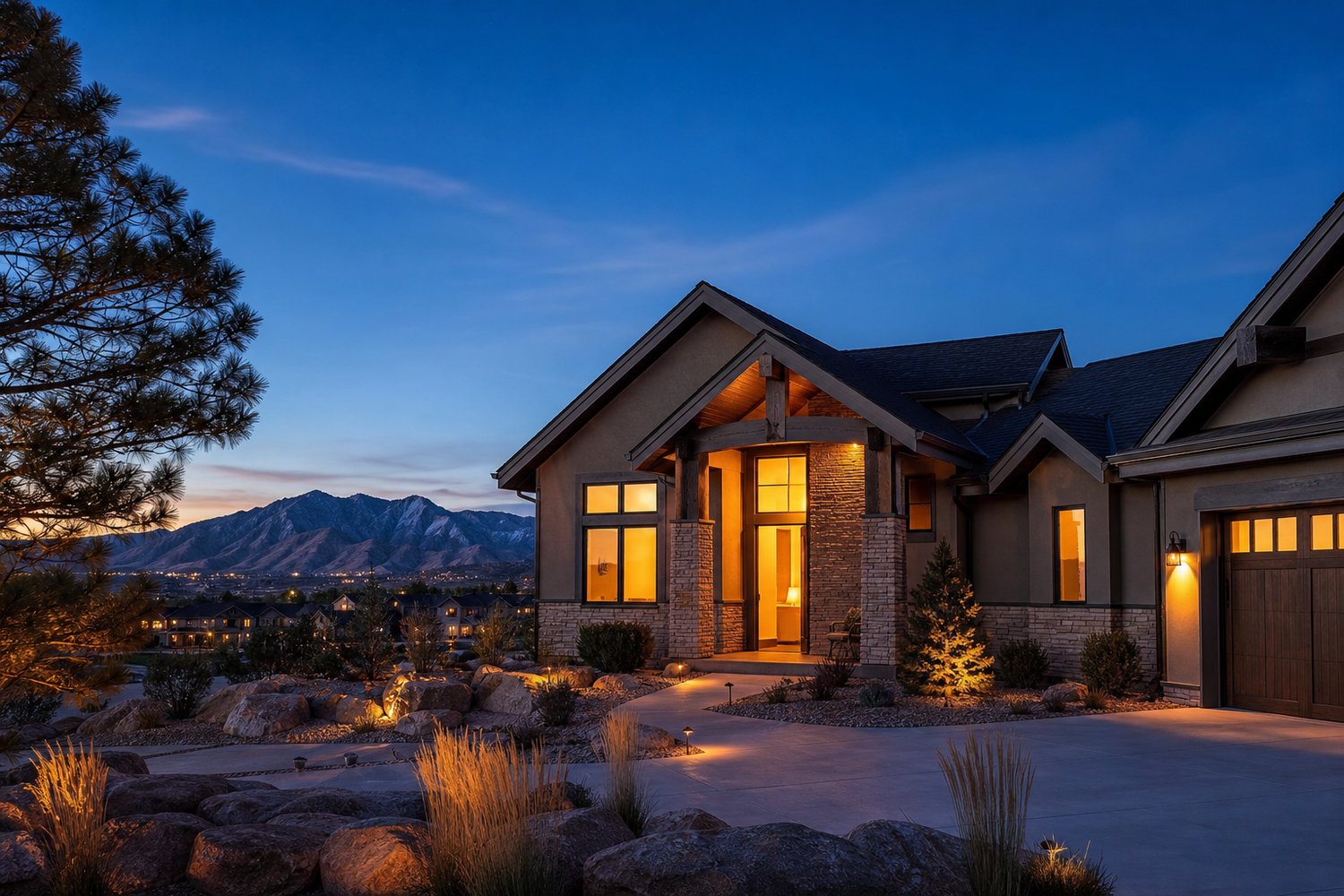 A house at dusk with its windows lit from inside in Colorado Springs — Colorado Springs Home