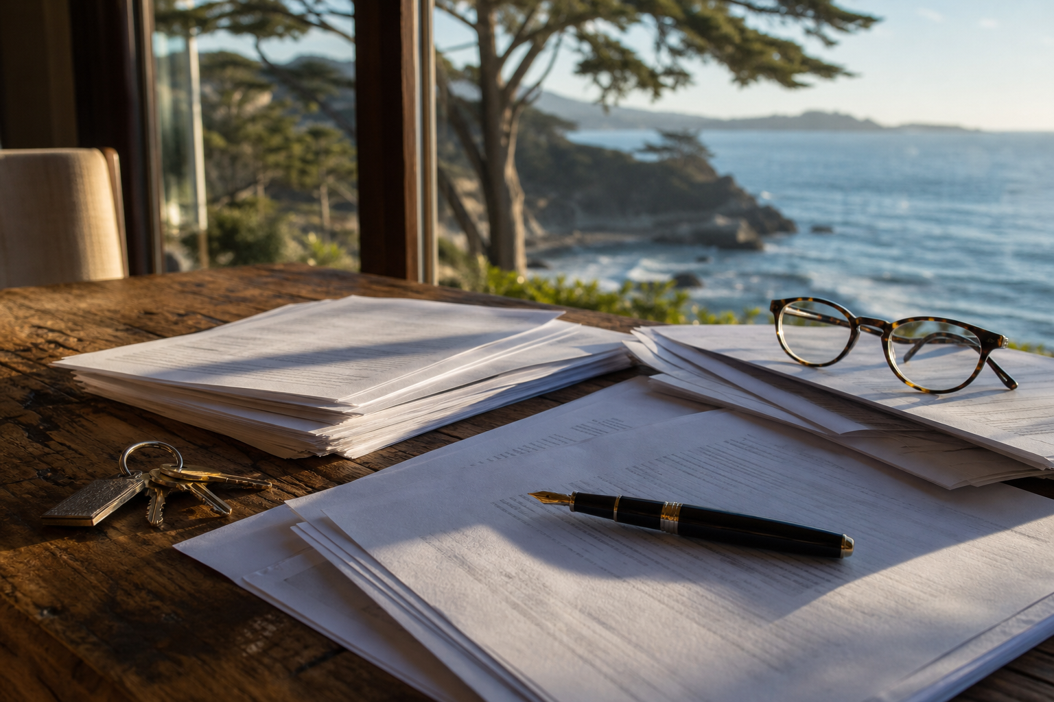 Closing paperwork laid out on a desk in Monterey, CA — Monterey Seller Closing Costs