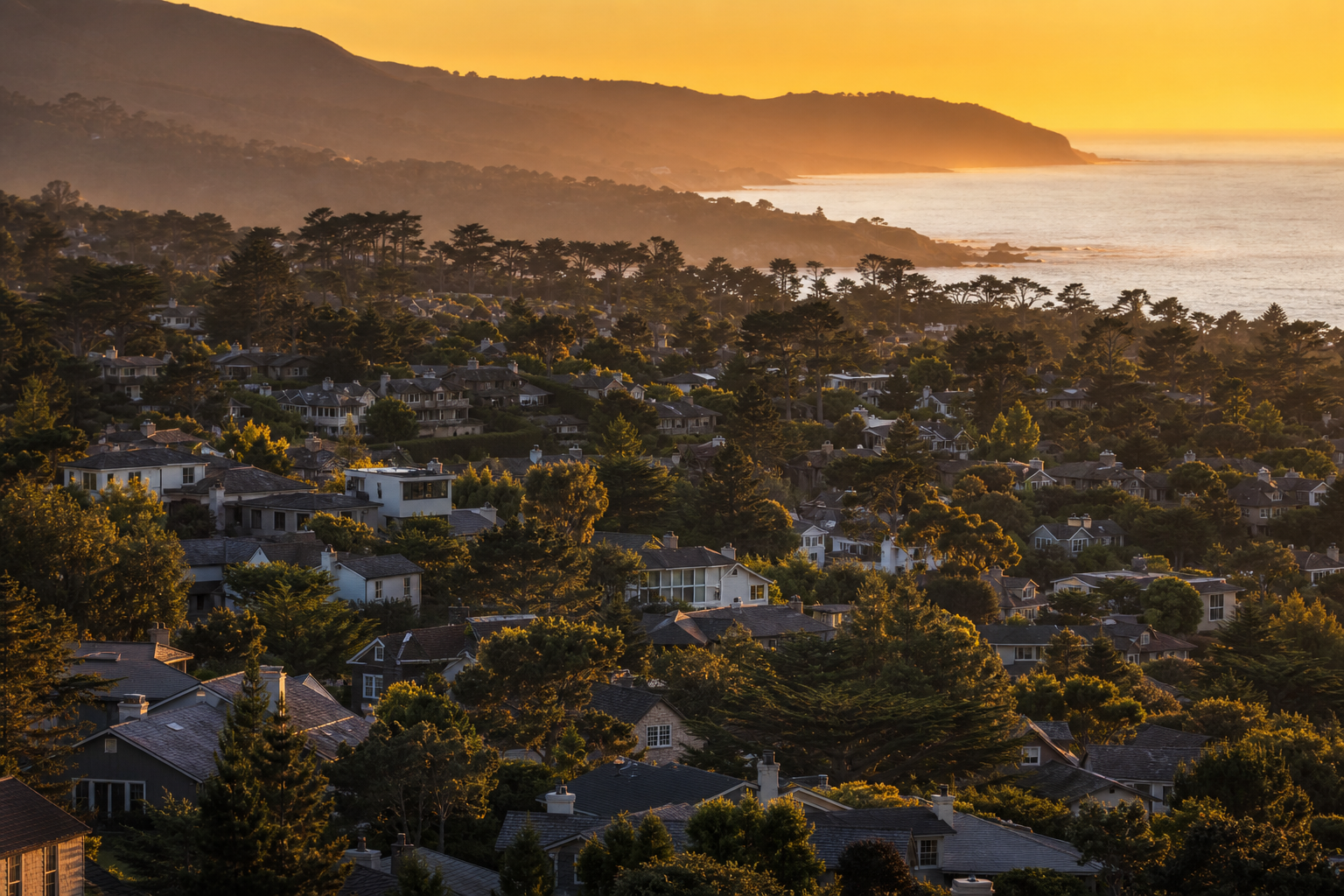 Rooftops packed across a neighborhood, seen from above in Carmel — Luxury Home Staging in Carmel