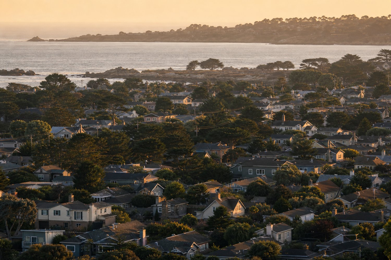 Rooftops packed across a neighborhood, seen from above in Pacific Grove, CA — Pacific Grove Homes
