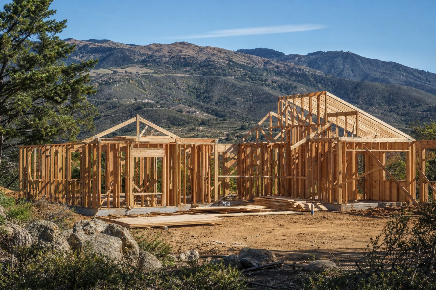 A house under construction, still framed in timber in Carmel — Valley Estate Properties Apart