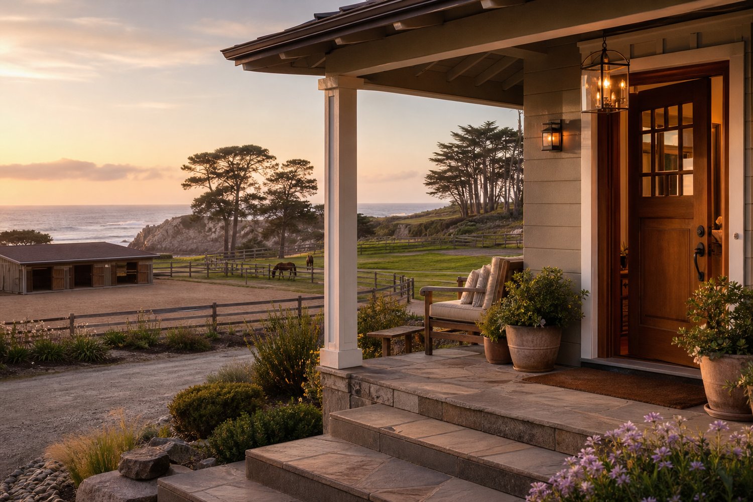 The front entrance of a house, framed from the walkway, set on open land in Monterey, CA — Pacific Grove's Coastal Equestrian